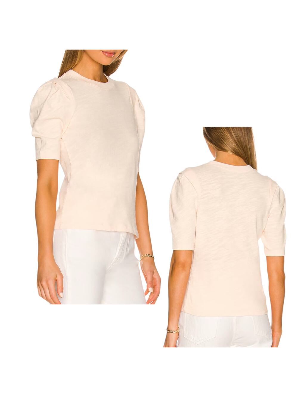 Frame Women's Pleated Panel Short Sleeved Tee Shirt 100% Cotton, Nude Pink Small